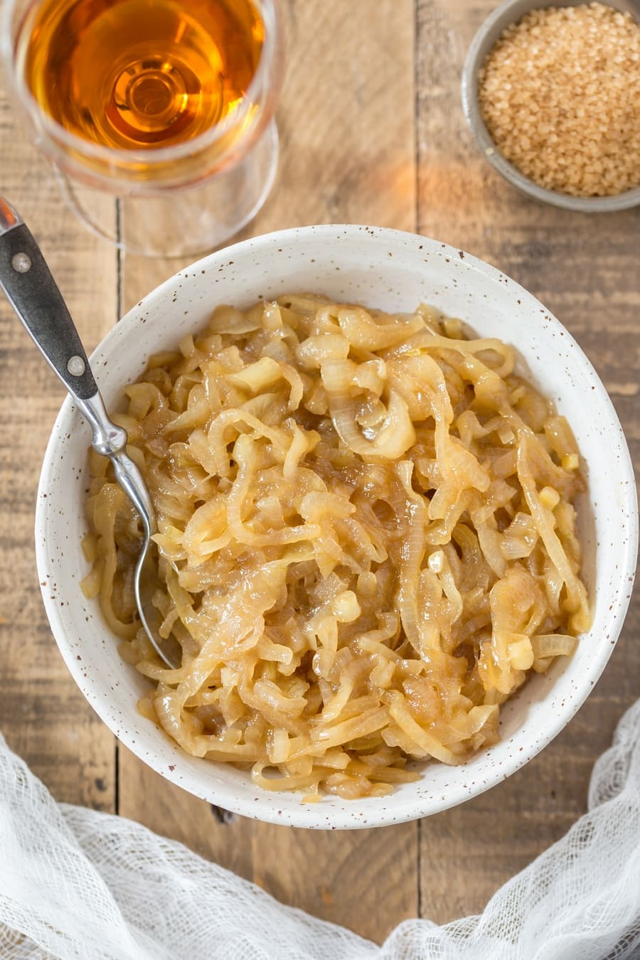 Bowl of marsala caramelized onion seen from overhead.