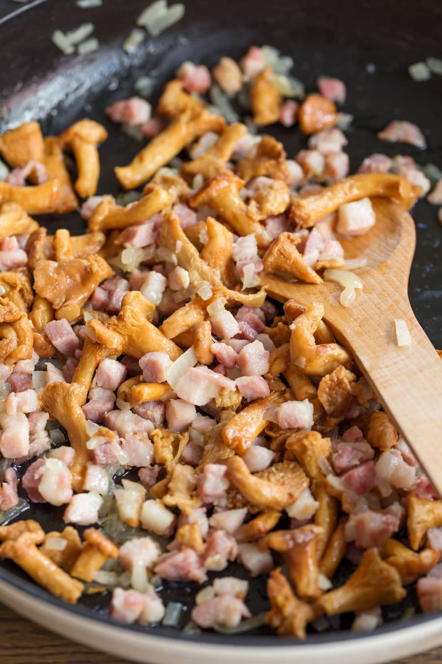 Sauteed bacon and mushrooms in a skillet: mustard pasta base.