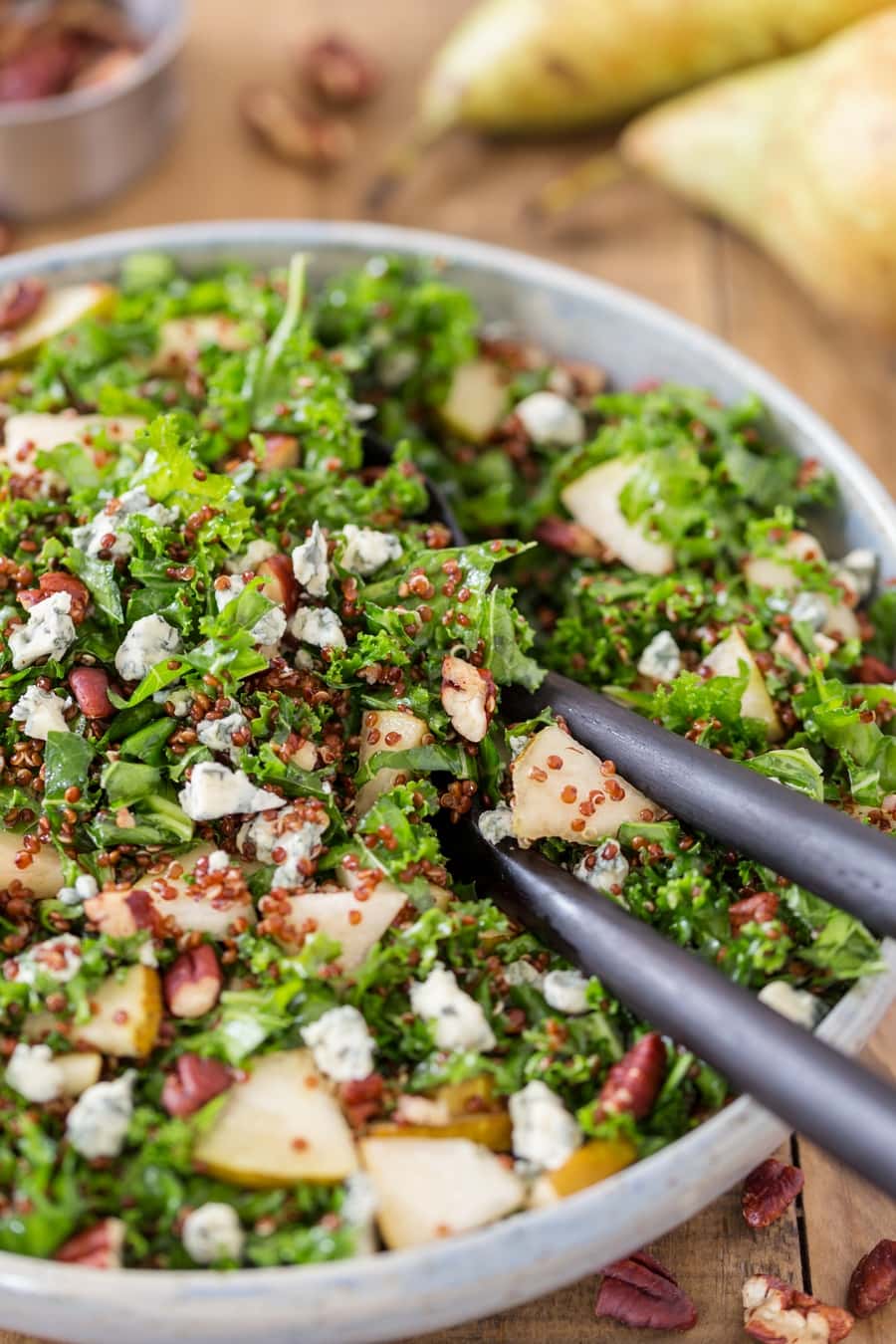 Kale salad with pear and blue cheese.