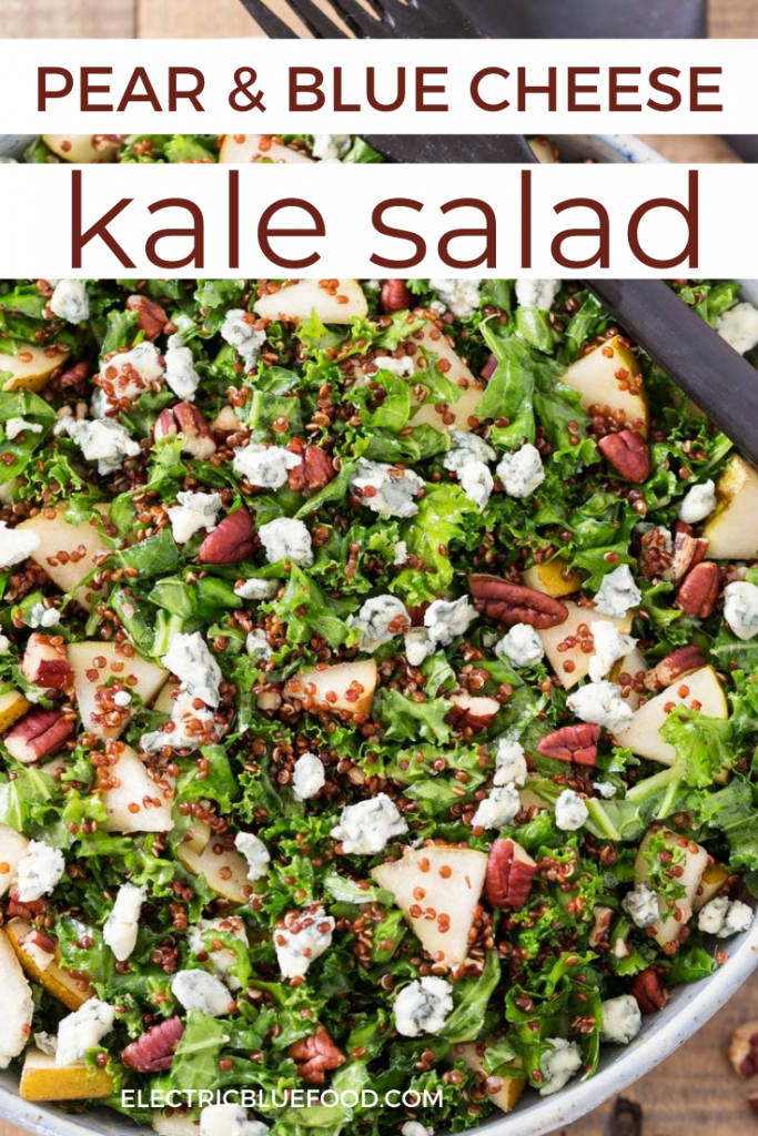 Pear and blue cheese kale salad with quinoa and pecans. A delicious and nutritious salad that combines kale and quinoa, topped with the impeccable combination of pear, blue cheese and pecans. Love at every bite!