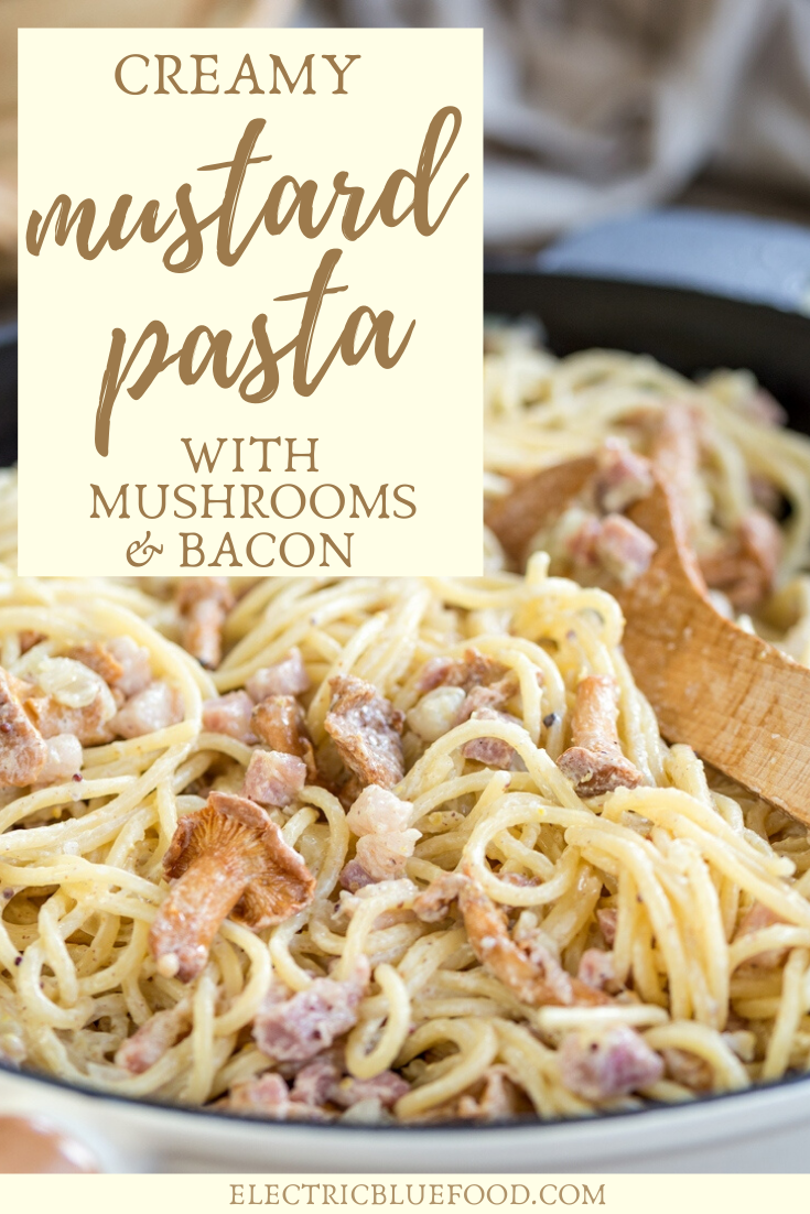 A delicious mustard pasta with mushrooms and bacon is the perfect early fall recipe. Serve your favourite pasta with this creamy hney mustard pasta sauce with smoked bacon and chanterelles.