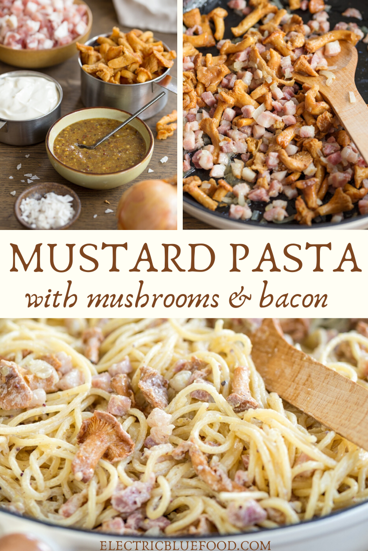 A delicious mustard pasta with mushrooms and bacon is the perfect early fall recipe. Serve your favourite pasta with this creamy hney mustard pasta sauce with smoked bacon and chanterelles.