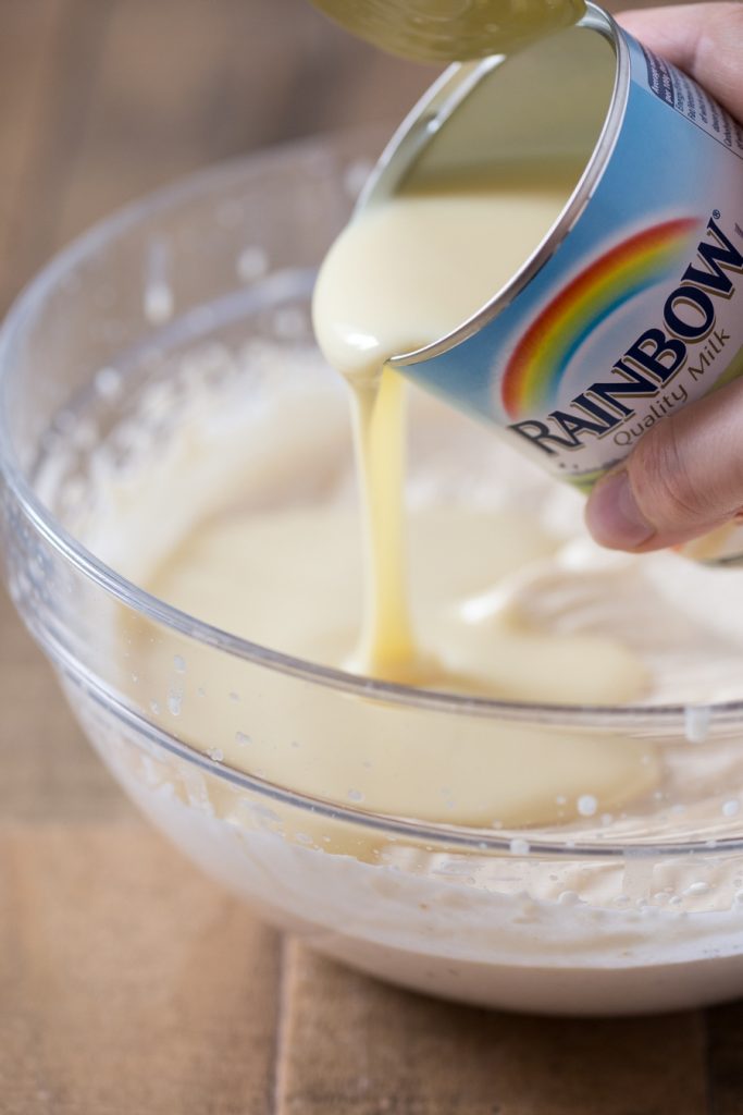 No-churn hazelnut ice cream: condensed milk added to hazelnut whipped cream.