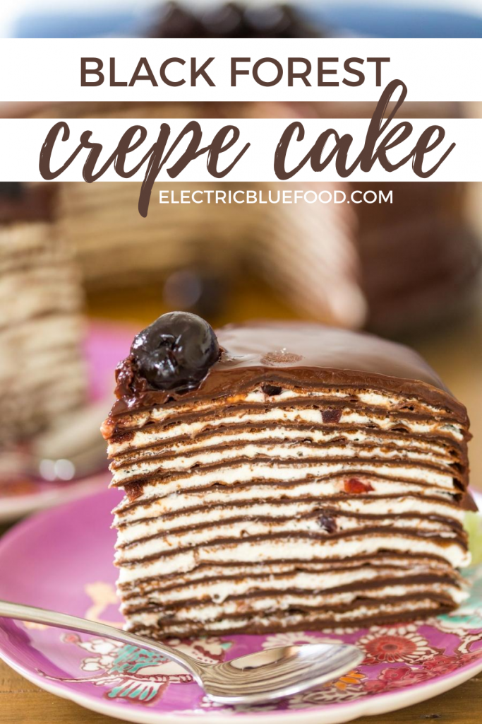 Black Forest crepe cake is the crepe cake version of the traditional German cake. Made with chocolate crepes and layers of whipped cream and minced sour cherries in syrup, it is then covered in chocolate ganache and decprated with more amarena cherries. Make Black forest cake on the stovetop swapping the sponge cake for crepes!