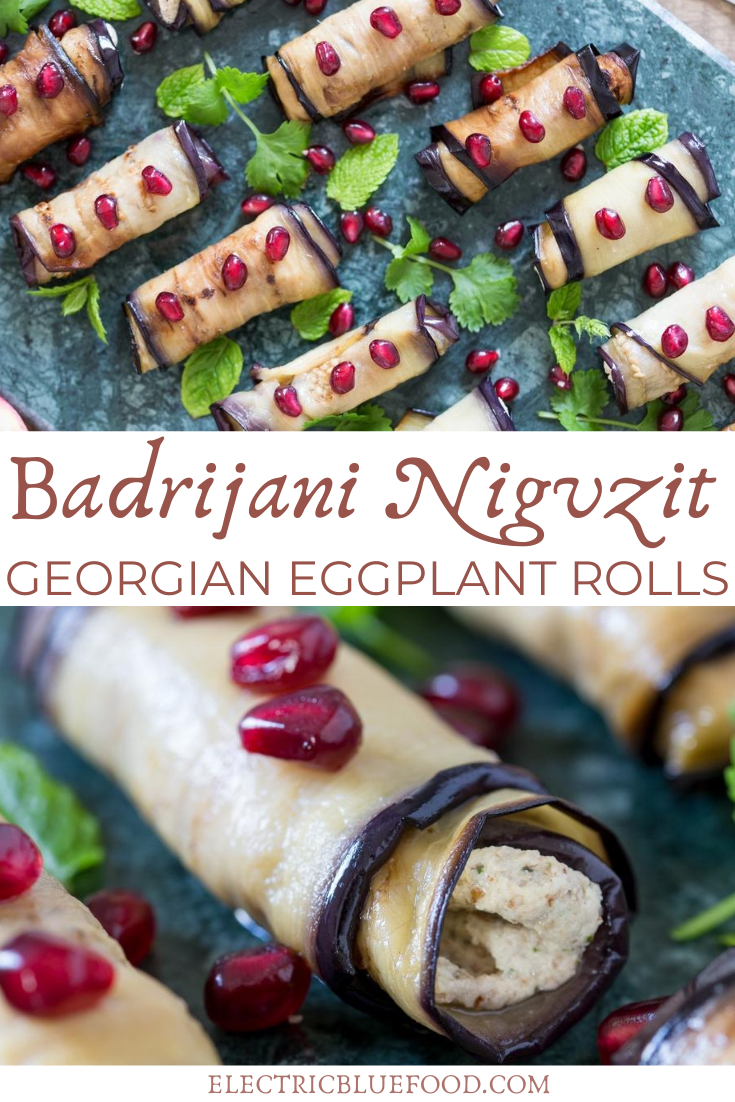 Fried eggplant slices rolled up and filled with a delicious walnut and garlic paste. This is Badrijani Nigvzit, a popular Georgian starter. Learn to make these Georgian eggplant rolls at home and enjoy a taste of Georgia.
