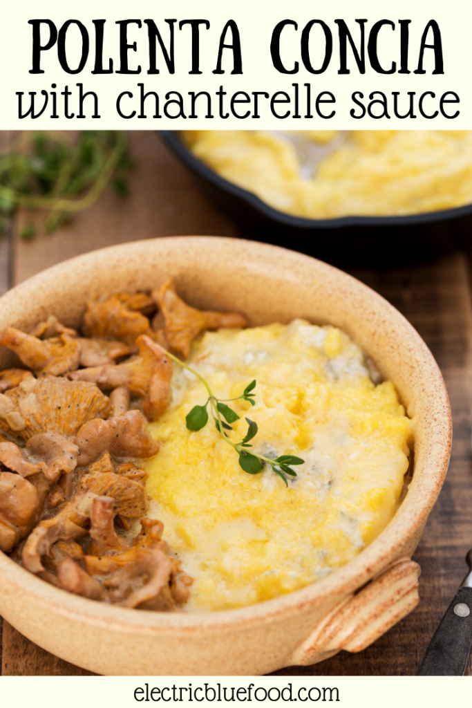 The richest polenta dish you can make, polenta concia with chanterelle sauce is a delicious vegetarian Alpine dish. Cheesy polenta with gorgonzola, taleggio and butter is served with a creamy and lighly tangy wild mushroom sauce. This is definitely a meal to remember, the best polenta recipe for cheese and mushroom lovers.