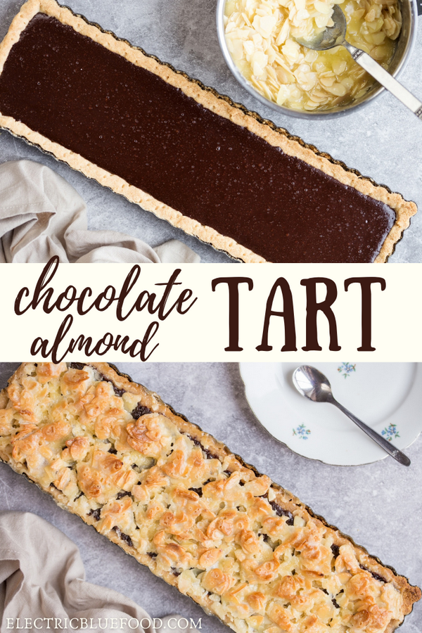 Almond chocolate tart on a gluten-free alond shortcrust. Filled with delicious dark chocolate and topped with glazed almonds, this chocolate almond tart is a delicious dessert option.