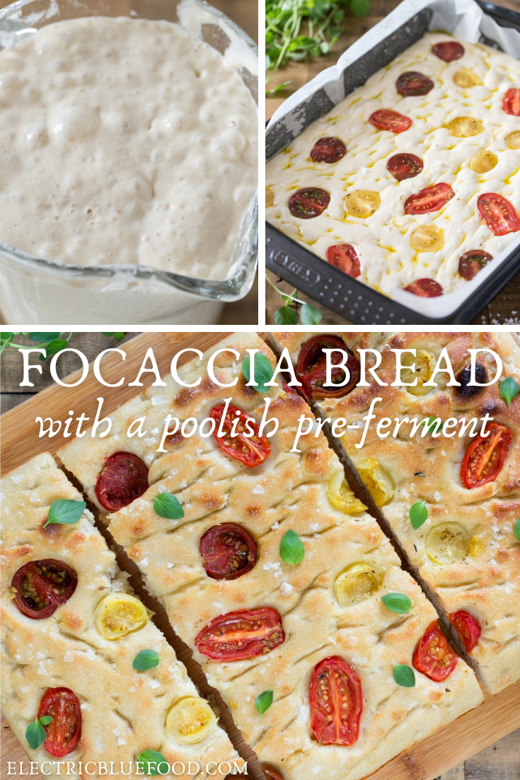 Make bakery-style focaccia bread at home using a poolish. By adding a pre-ferment you can make a delicious poolish focaccia that is soft and flavourful. Top with cherry tomatoes and fresh oregano for a lovely appetizer, or bake it plain and fill it with your favourite cheese to make fantastic focaccia sandwiches.