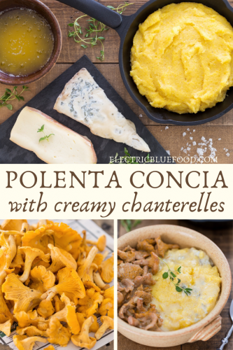 The richest polenta dish you can make, polenta concia with chanterelle sauce is a delicious vegetarian Alpine dish. Cheesy polenta with gorgonzola, taleggio and butter is served with a creamy and lighly tangy wild mushroom sauce. This is definitely a meal to remember, the best polenta recipe for cheese and mushroom lovers.