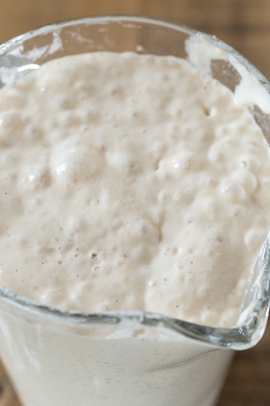 Closeup of bubbly top of poolish pre-ferment.