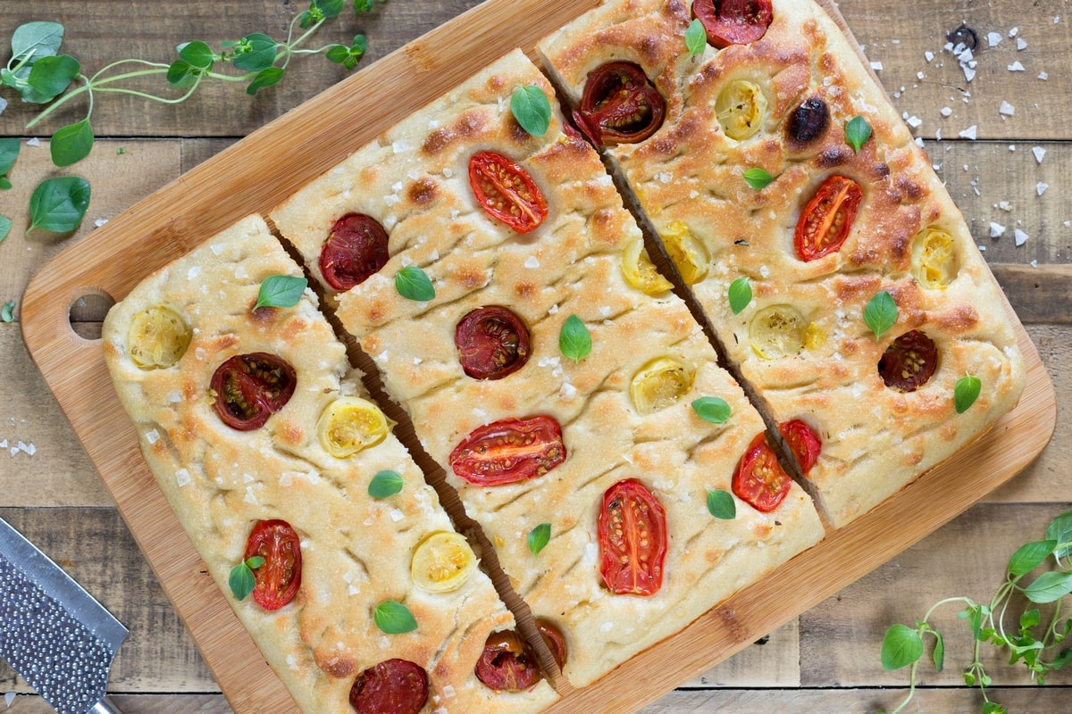 Overhead view of cherry tomato focaccia with a poolish.