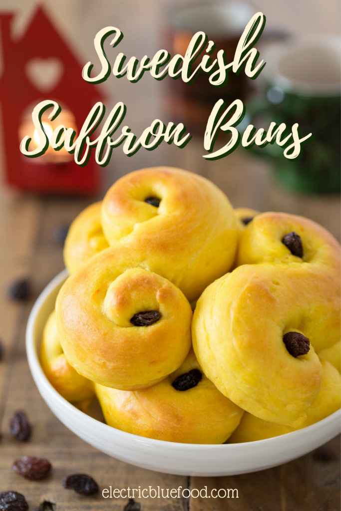 Swedish saffron buns lussekatter (or lussebullar) are a typical Advent pastry consumed in Sweden. Semi-sweet, soft yeast buns topped with raisins, they are famous for their yellow colour and obvious saffron taste. The perfect way to get you in a Christmas mood!