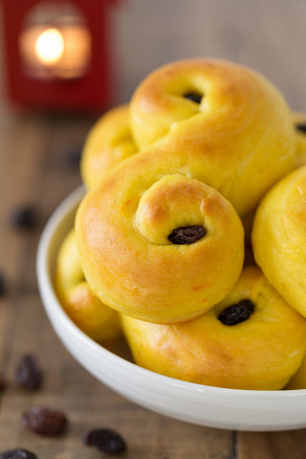Swedish saffron buns in a bowl.