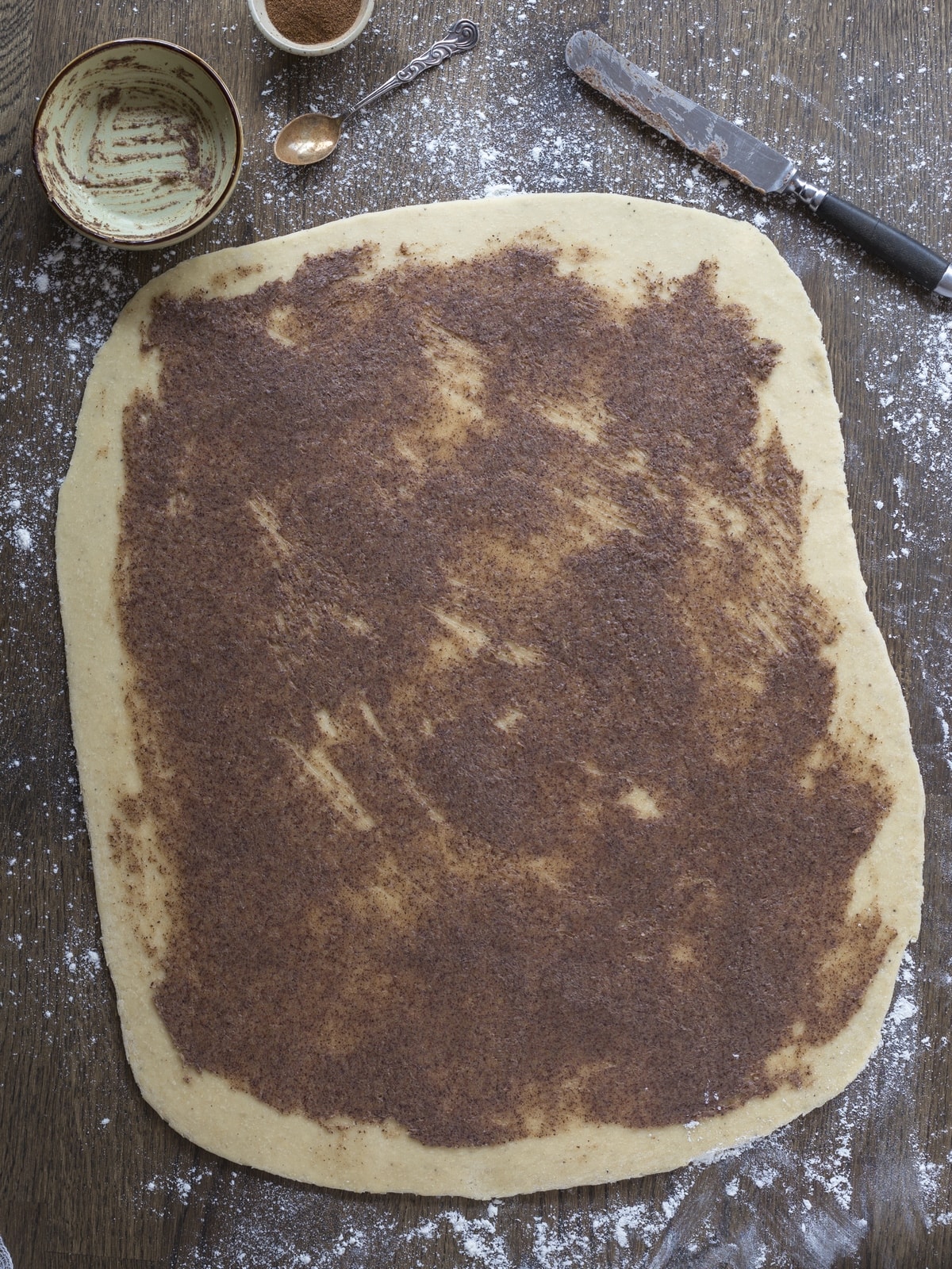 Filling added to rolled-out dough.