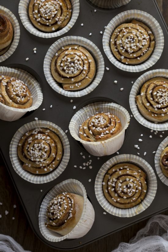 Miniature muffin tin kanelbulle buns baked in a muffin tin.