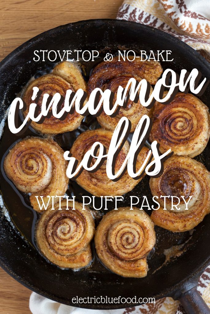 Learn how to make puff pastry cinnamon buns on the stovetop. No oven required, just a skillet - best if cast iron!