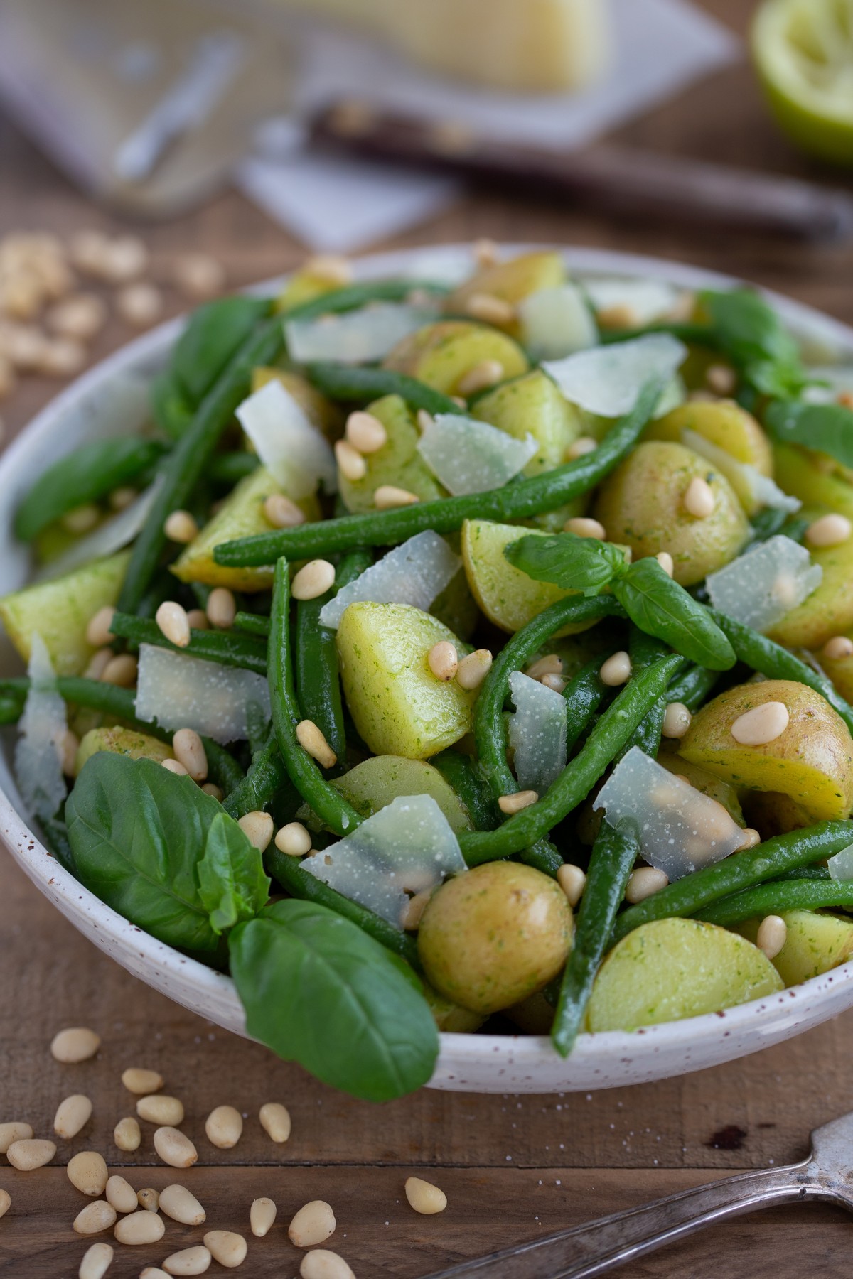 Baby potato salad with green beans and pesto dressing.