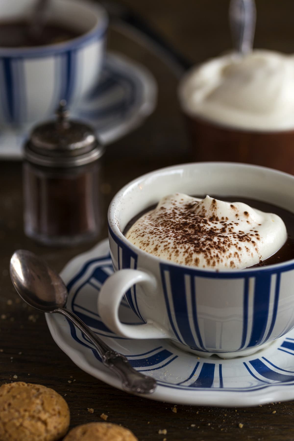 Thick hot chocolate with whipped cream and cocoa powder.