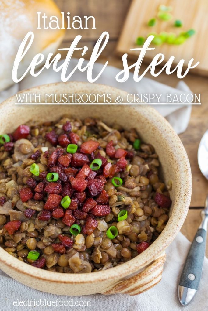 A delicious lentil stew with mushrooms topped with crispy bacon. This Italian lentil stew is made with brown lentils cooked with mushrooms, garlic and spring onions in a white wine and stock base. A filling and nutritious meal to enjoy after a day out in the winter.