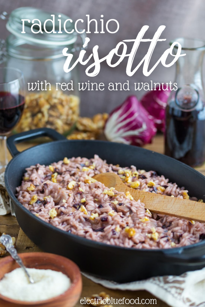 Radicchio risotto with walnuts is a red wine risotto that uses radicchio, or Italian chickory. This leaf vegetable has a peculiar bitter flavour that becomes mild once cooked and makes it an excellent risotto ingredient. Naturally gluten free and vegetarian, risotto al radicchio comes together in just over a half hour.