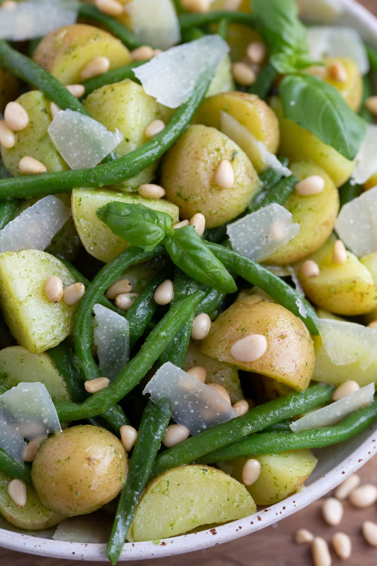 Closeup of pesto potato salad.