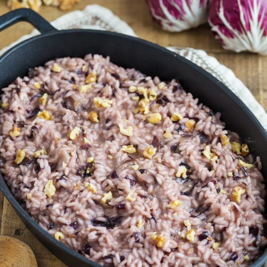 Radicchio risotto with walnuts made with red wine.