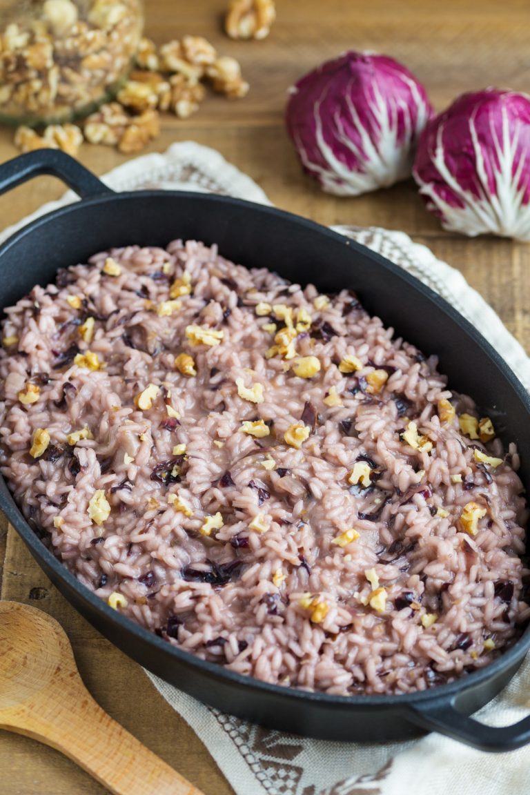 Radicchio risotto with walnuts made with red wine.