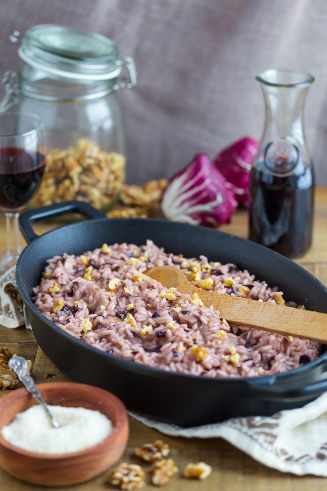 Red wine risotto with radicchio and walnuts.