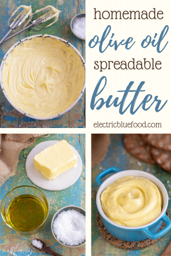 Easy to make with only 3 ingredients this olive oil butter spread is the best of both worlds. Silky spreadable butter enriched with a note of olive oil and a salt flake here and there. This homemade spread has the best texture and the finest taste.