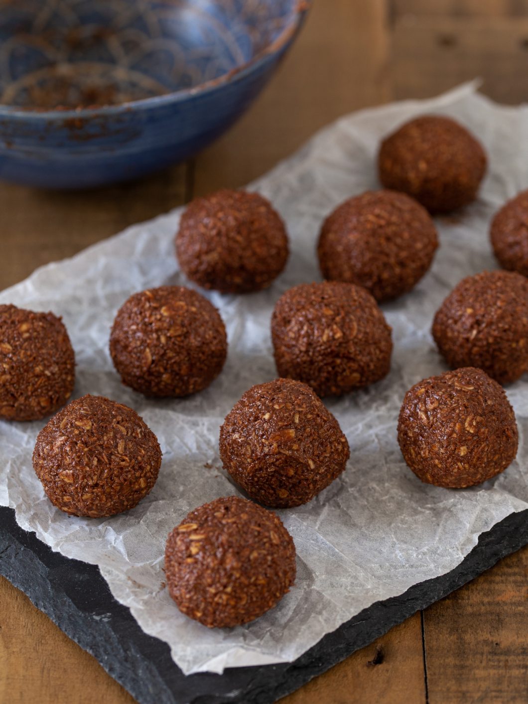 Chocolate oat balls with no coating.