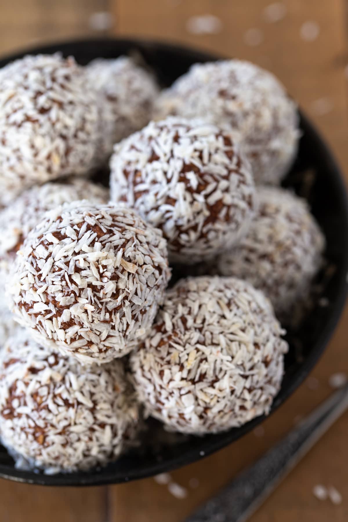 Close up view of chocolate oatmeal balls.