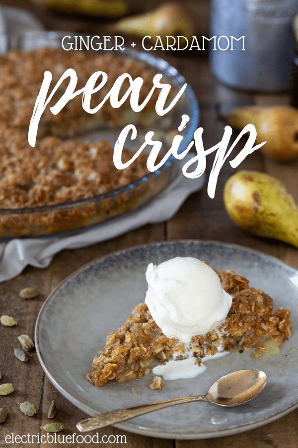 A spiced pear crisp with ginger and cardamom is a delicious dessert that is great both warm and cold. An aromatic layer of soft spiced pears topped with a maple oat crisp. Perfect all year.