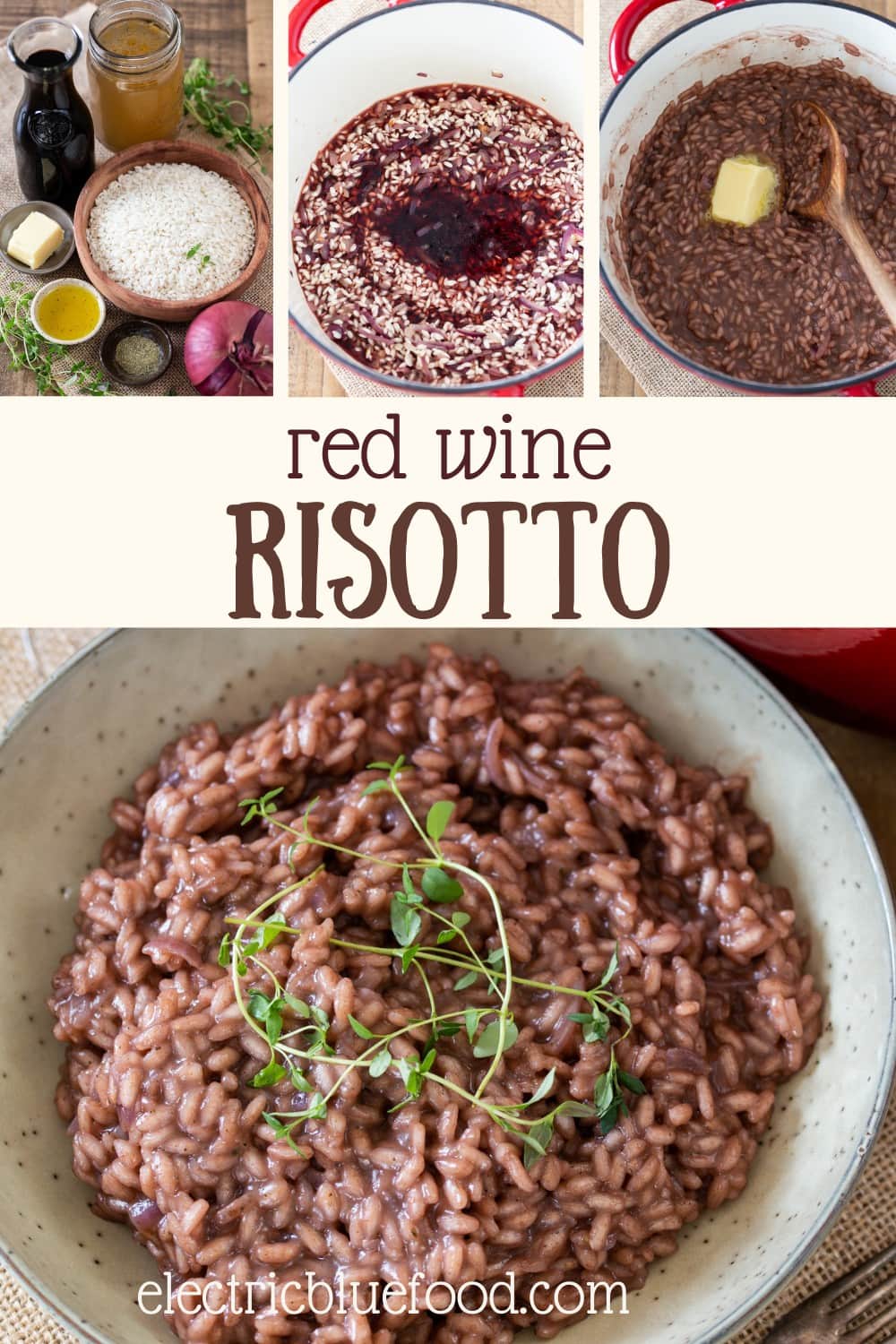 This red wine risotto has no cheese and a deep and rich flavour from the red wine. While the alcohol evaporates, the intense notes of red wine stay behind flavouring this risotto in a delicious way.