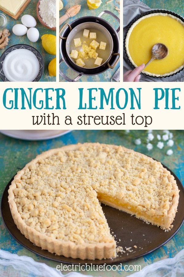 A lemon tart with a touch of ginger and a buttery streusel top, this ginger lemon pie is a delicious dessert. The zesty lemon curd filling with a hint of ginger is the perfect companion to the crumbly shortcrust base and topping. A bakery-style pie to enjoy all year.