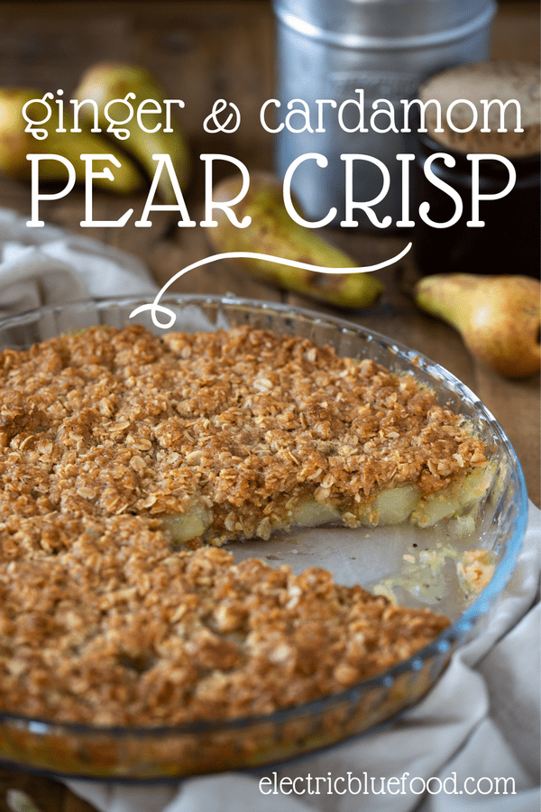 A spiced pear crisp with ginger and cardamom is a delicious dessert that is great both warm and cold. An aromatic layer of soft spiced pears topped with a maple oat crisp. Perfect all year.