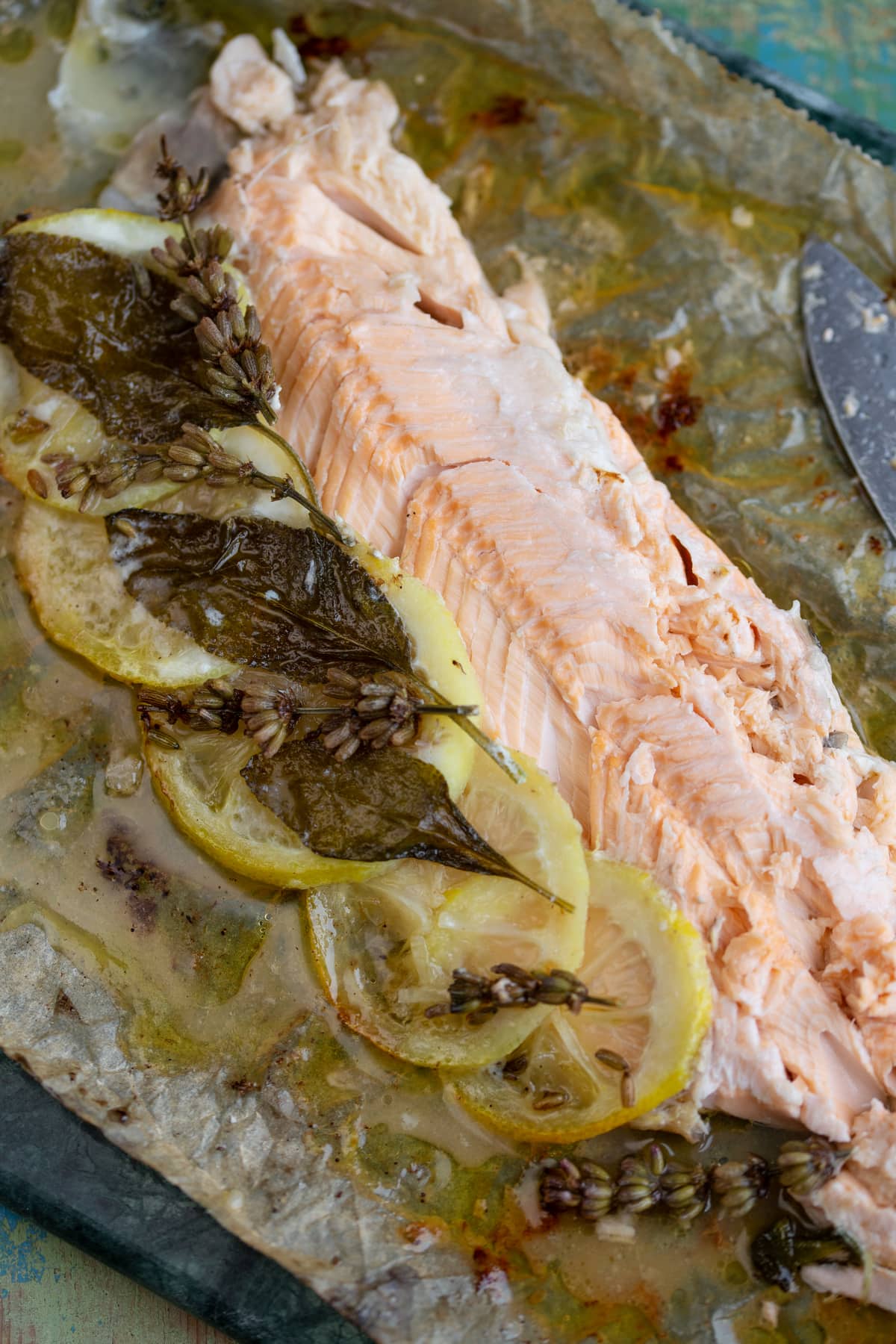 Filleted baked trout exposing the stuffing.