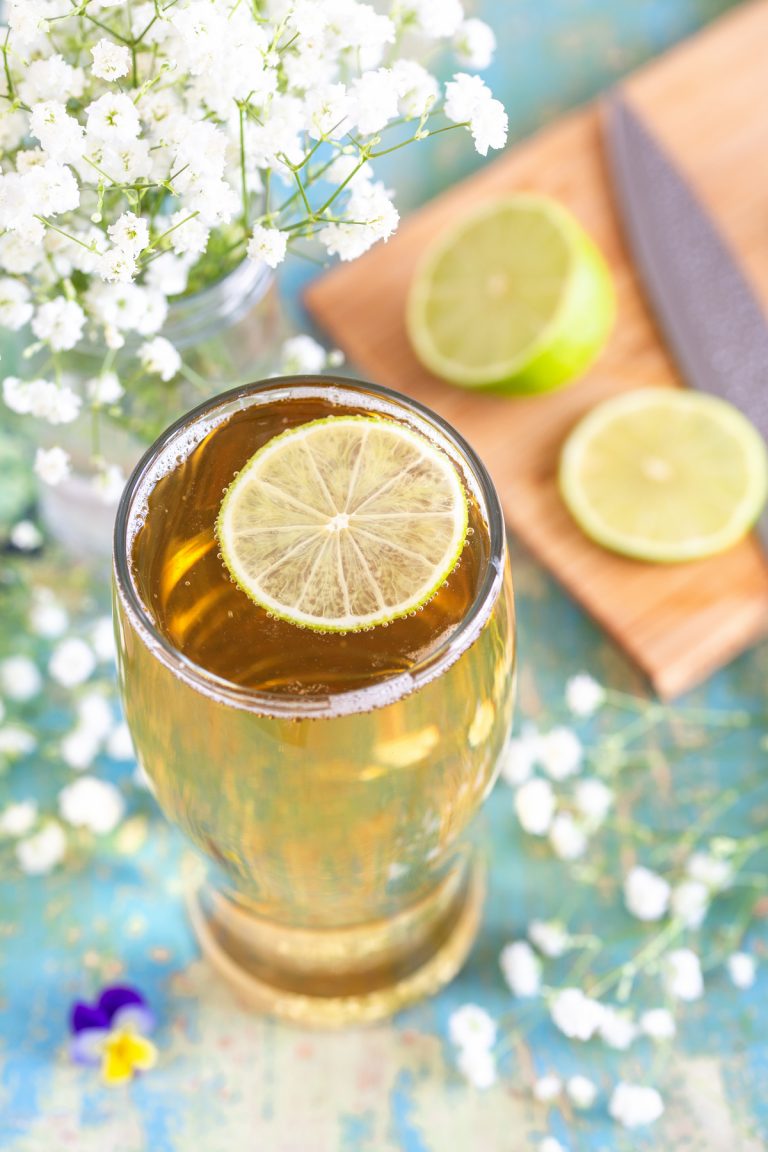 Beer shandy in a pint glass.