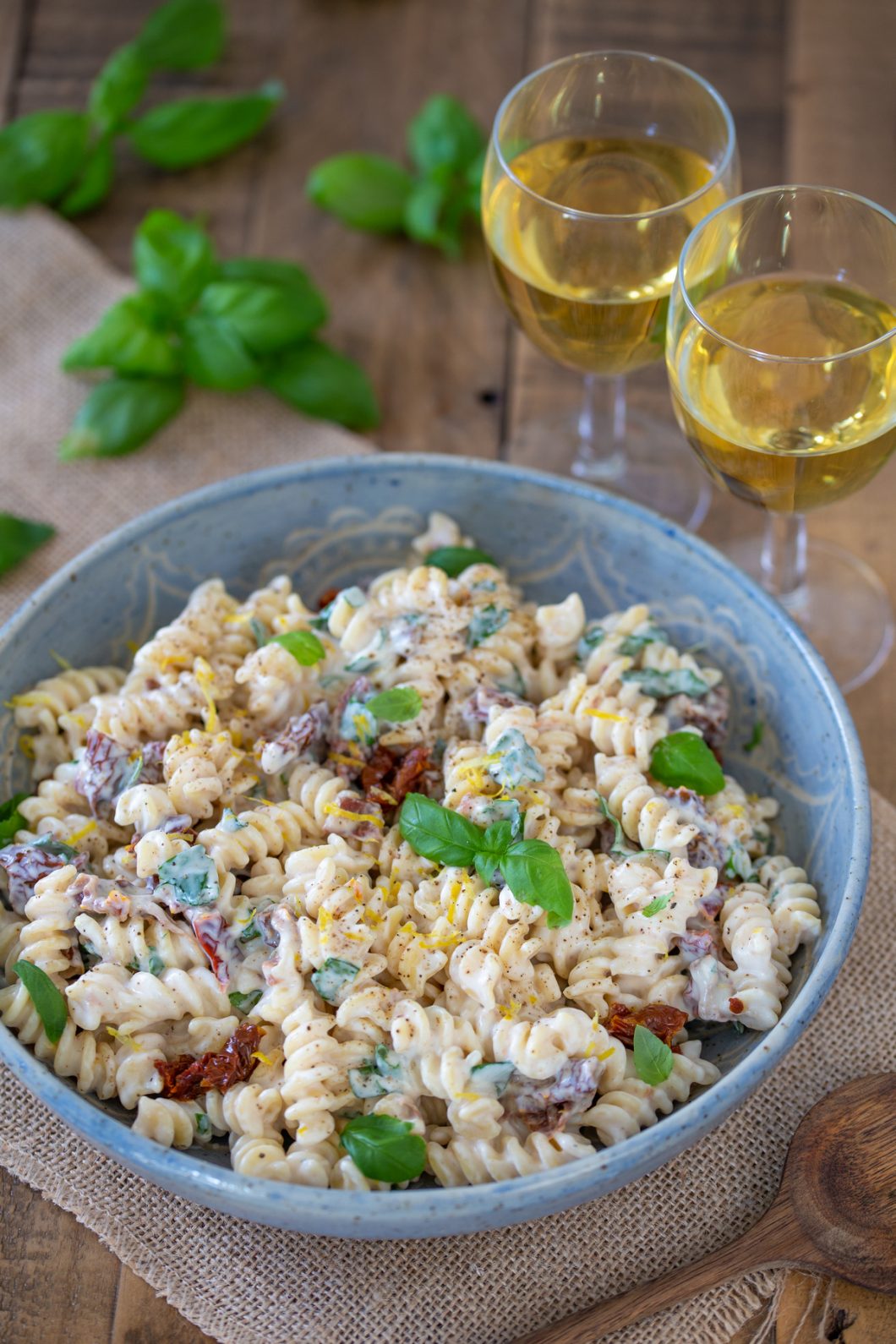 This creamy ricotta pasta salad in a serving bowl.