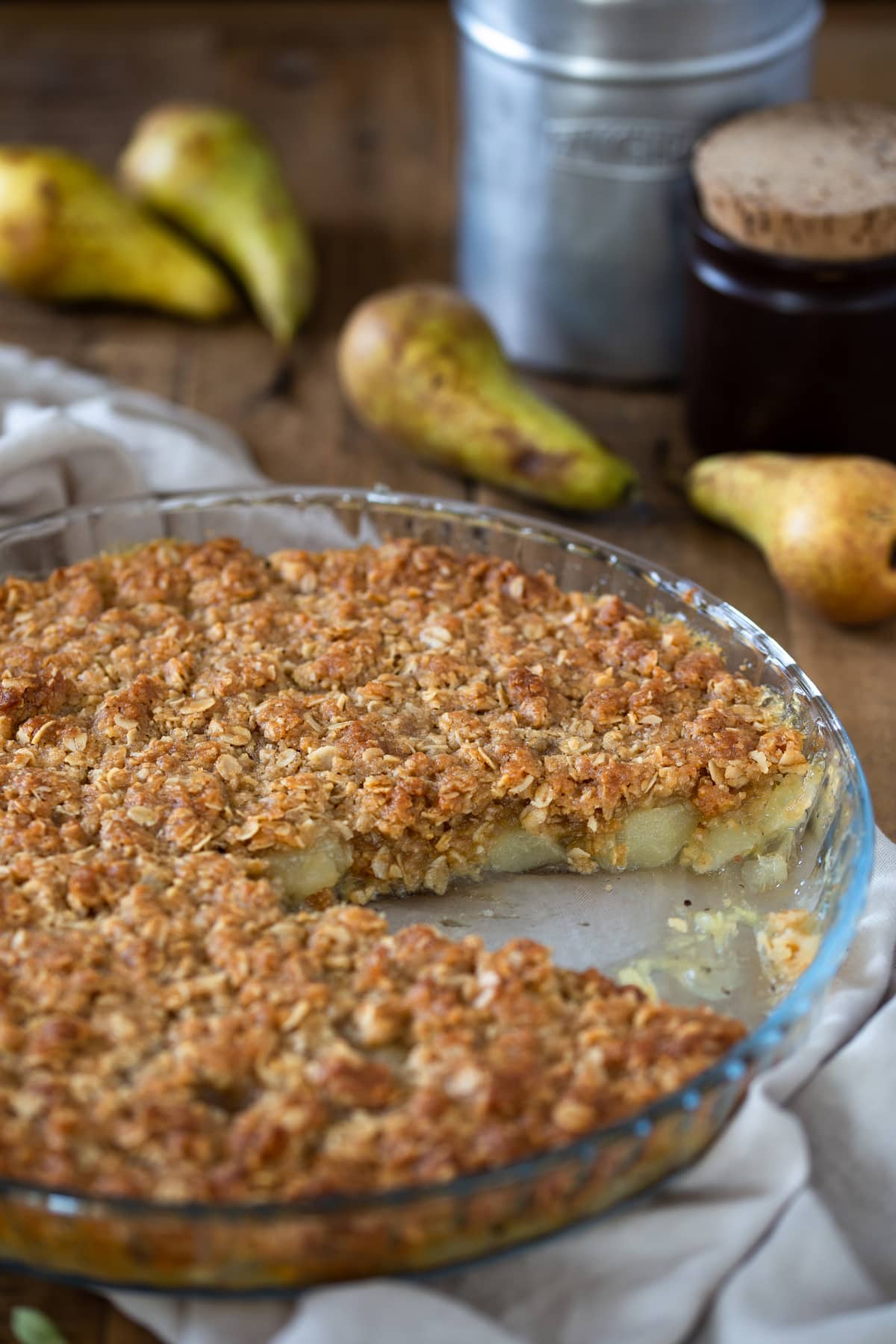 Pear crisp missing a slice.