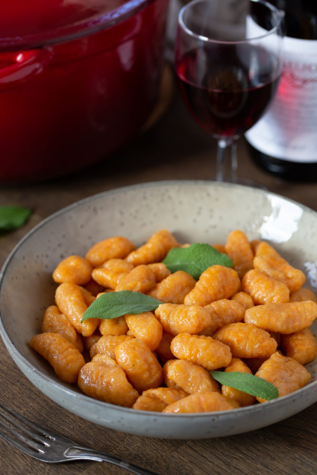 Roasted sweet potato gnocchi served with brown butter and fresh sage.