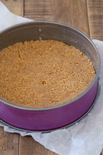 The springform pan with the biscuit base.