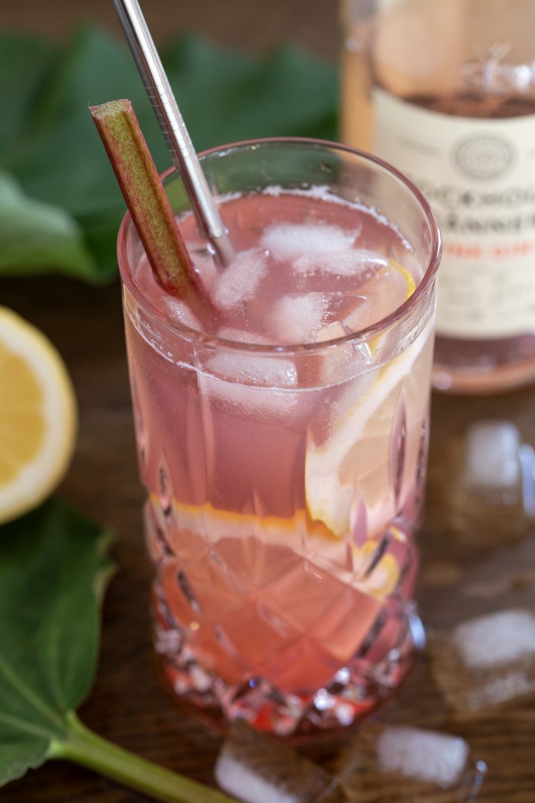 Rhubarb Gin & Tonic served with lemon slices and a rhubarb stalk.