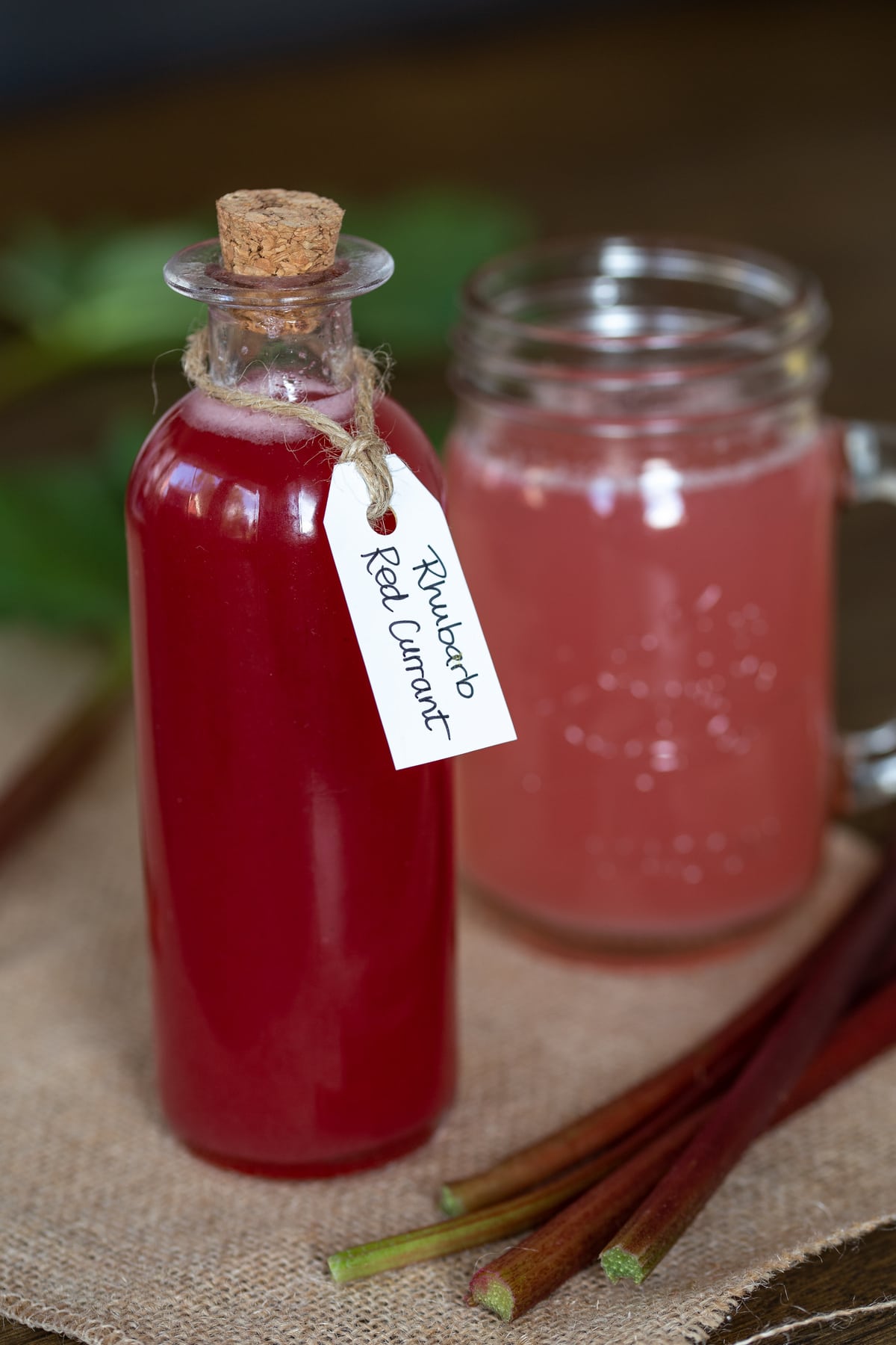 Rhubarb syrup in a bottle, diluted with water in a glass.