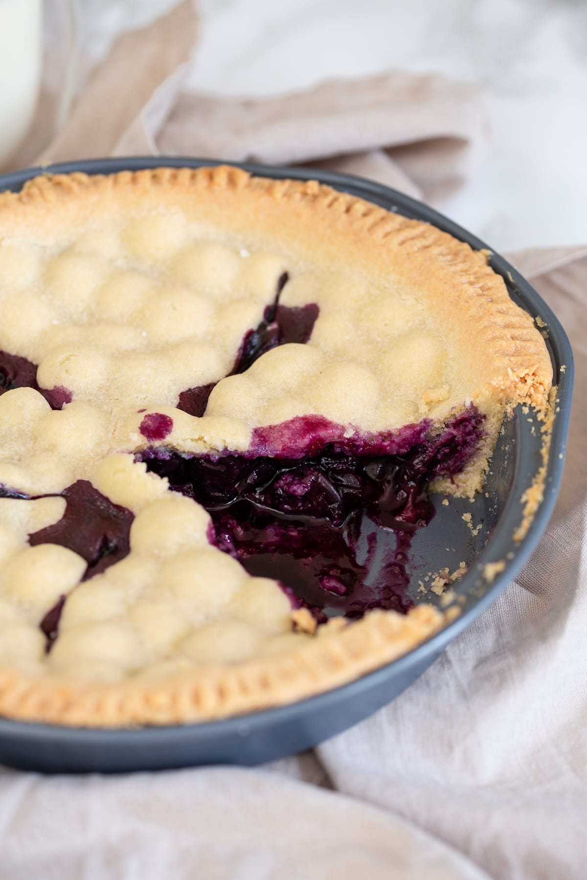 Swedish blueberry pie sliced.