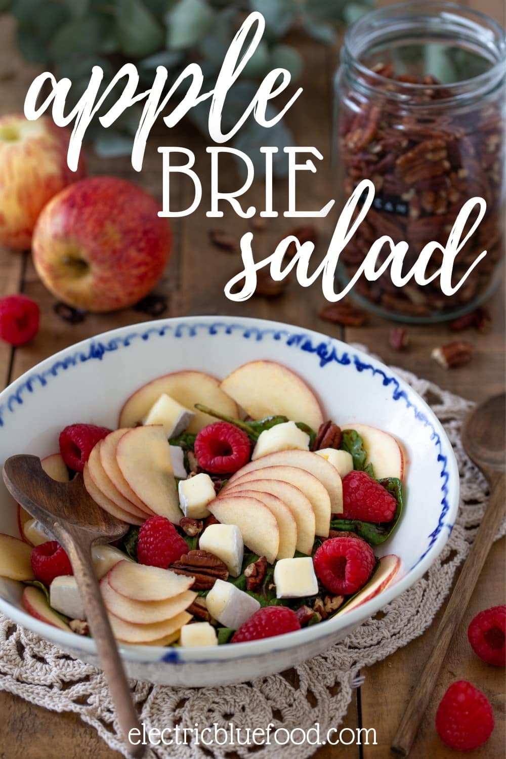 Apple brie salad with raspberries and pecans. A colourful salad with fresh fruits, nuts and a raspberry vinaigrette.