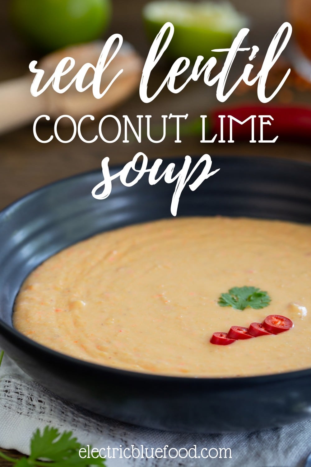 Vegan coconut red lentil soup with lime and chili. Ready in 30 minutes, this soup is entirely plant-based. A spicy blended soup inspired by the flavours of East Asian cuisine.