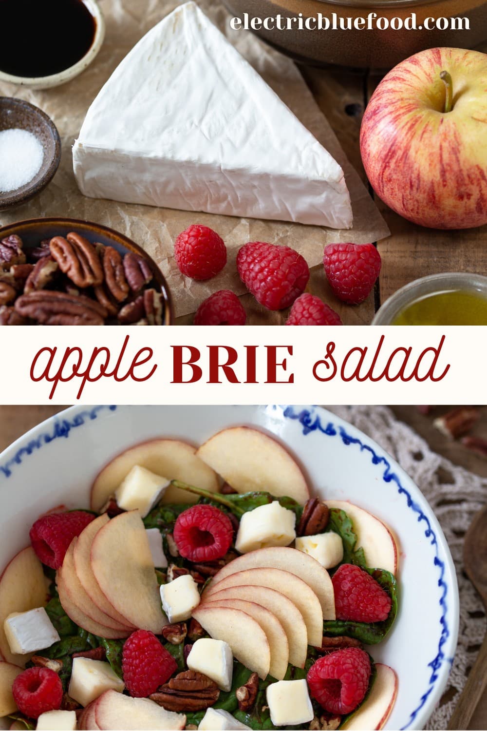 Apple brie salad with raspberries and pecans. A colourful salad with fresh fruits, nuts and a raspberry vinaigrette.