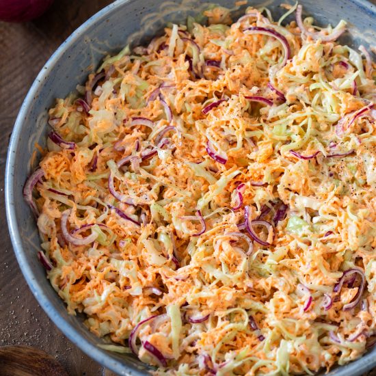 Best coleslaw made with sweet pickled veggies.