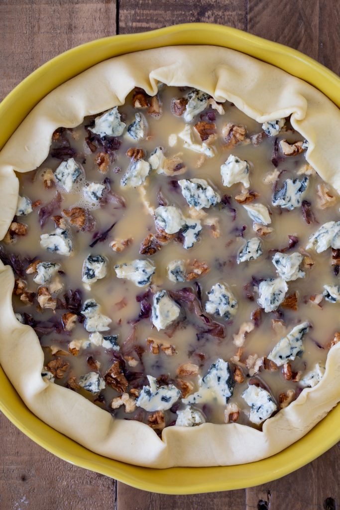 Pour egg and milk mixture.