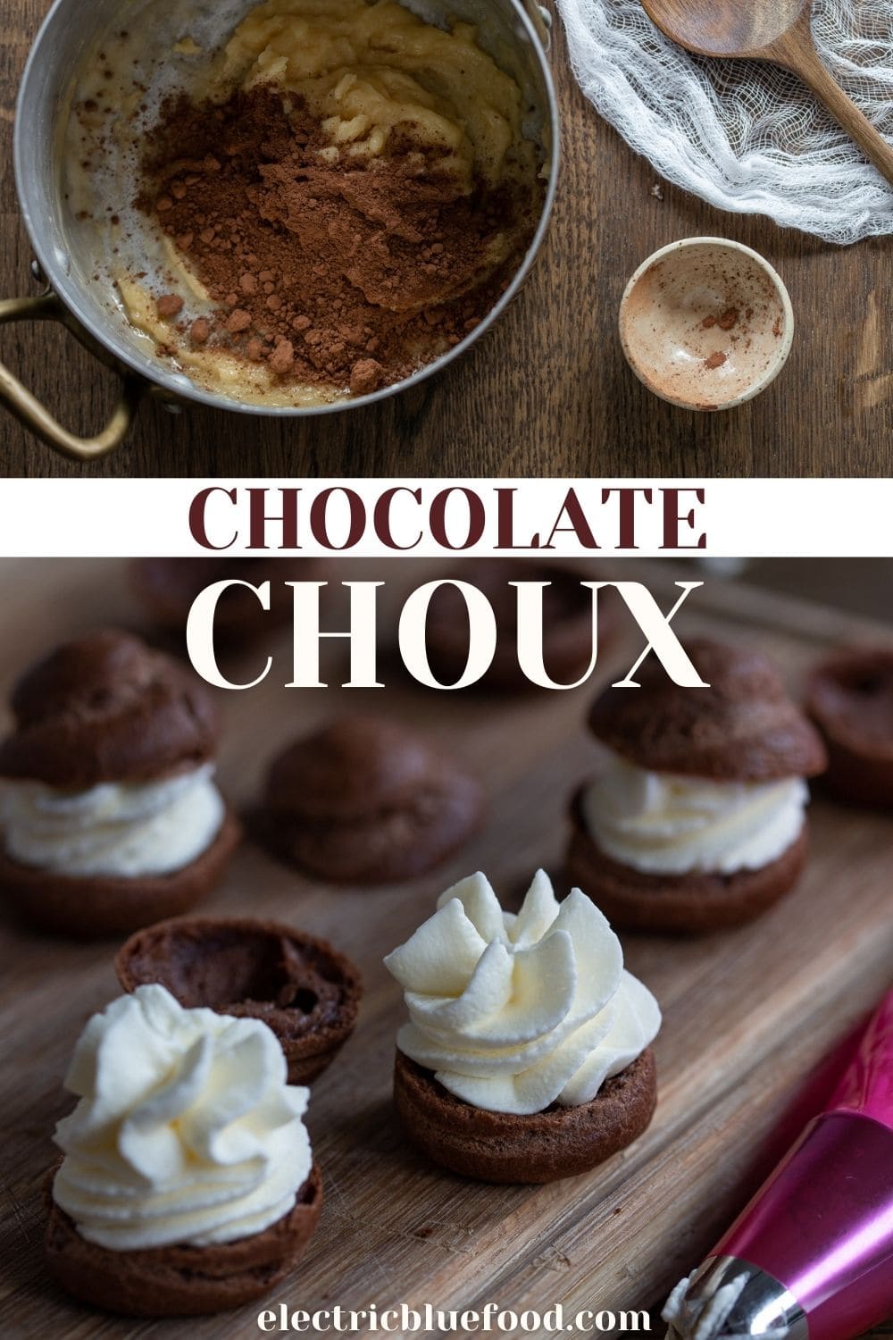 Homemade cocoa choux pastry buns filled with cream to make delicious chocolate cream puffs.